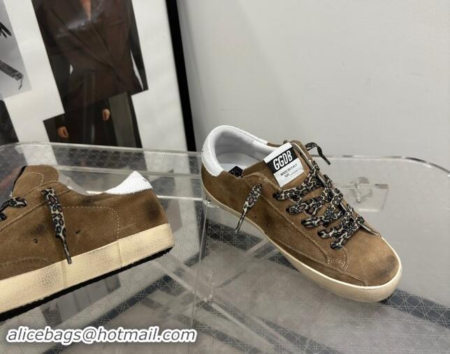 Top Grade Golden Goose Super-Star Sneakers in Brown Suede with Silver Glitter Star and White Tab 0530008