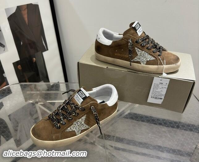 Top Grade Golden Goose Super-Star Sneakers in Brown Suede with Silver Glitter Star and White Tab 0530008