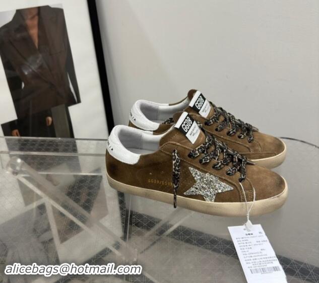 Top Grade Golden Goose Super-Star Sneakers in Brown Suede with Silver Glitter Star and White Tab 0530008