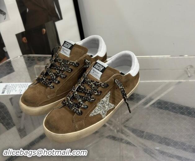 Top Grade Golden Goose Super-Star Sneakers in Brown Suede with Silver Glitter Star and White Tab 0530008