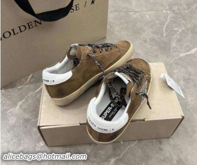 Top Grade Golden Goose Super-Star Sneakers in Brown Suede with Silver Glitter Star and White Tab 0530008