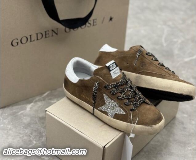 Top Grade Golden Goose Super-Star Sneakers in Brown Suede with Silver Glitter Star and White Tab 0530008