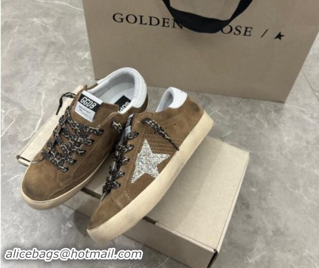 Top Grade Golden Goose Super-Star Sneakers in Brown Suede with Silver Glitter Star and White Tab 0530008