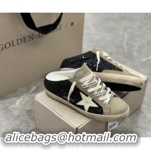 Trendy Design Golden Goose Super-Star Sneaker Mules in Grey Suede and Black Glitter with White Star 530011