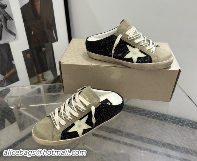 Trendy Design Golden Goose Super-Star Sneaker Mules in Grey Suede and Black Glitter with White Star 530011