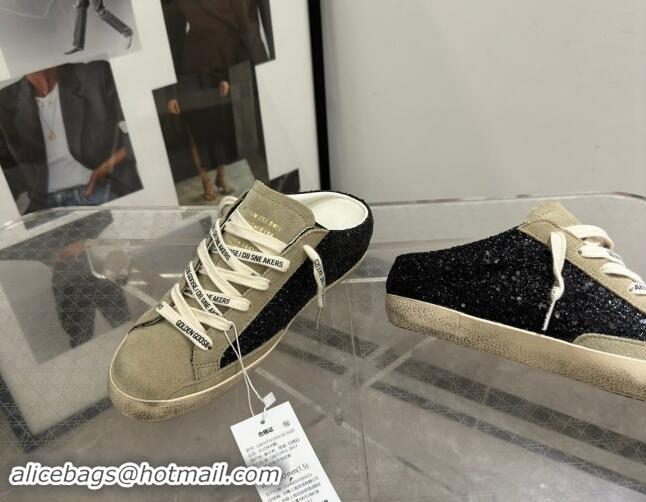 Trendy Design Golden Goose Super-Star Sneaker Mules in Grey Suede and Black Glitter with White Star 530011