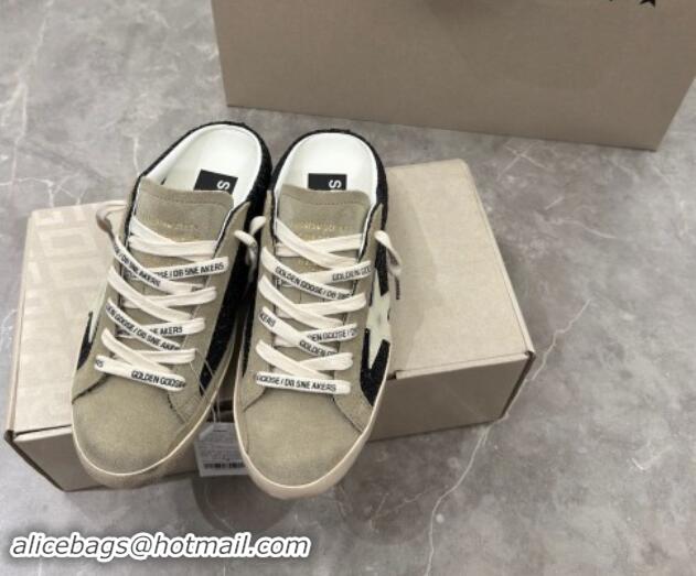 Trendy Design Golden Goose Super-Star Sneaker Mules in Grey Suede and Black Glitter with White Star 530011