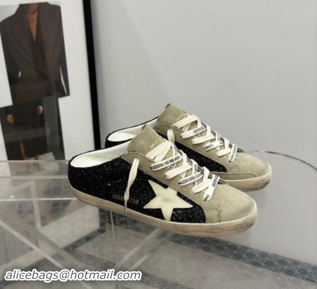 Trendy Design Golden Goose Super-Star Sneaker Mules in Grey Suede and Black Glitter with White Star 530011