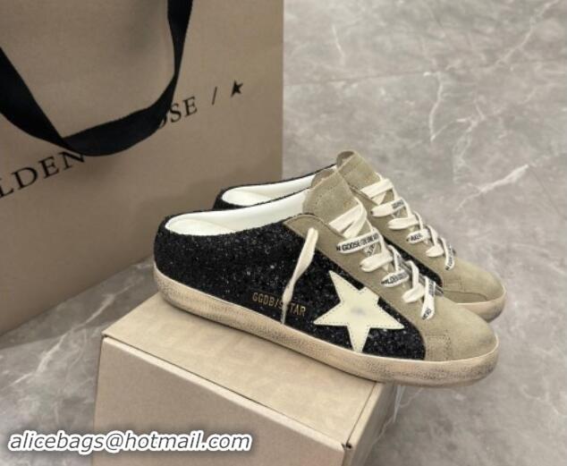 Trendy Design Golden Goose Super-Star Sneaker Mules in Grey Suede and Black Glitter with White Star 530011