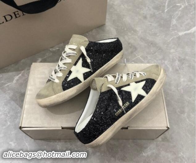 Trendy Design Golden Goose Super-Star Sneaker Mules in Grey Suede and Black Glitter with White Star 530011