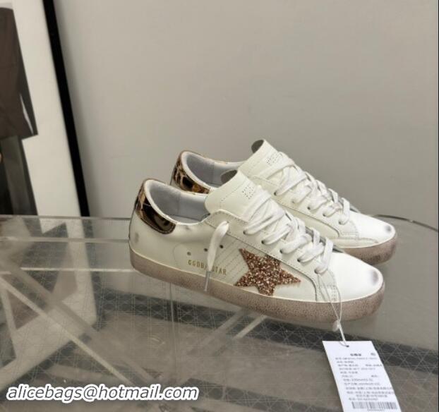 Popular Style Golden Goose Super-Star Sneakers in White Leather with Gold Glitter Star and Tab 530012