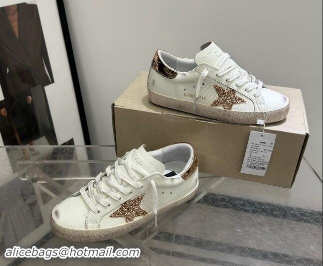 Popular Style Golden Goose Super-Star Sneakers in White Leather with Gold Glitter Star and Tab 530012