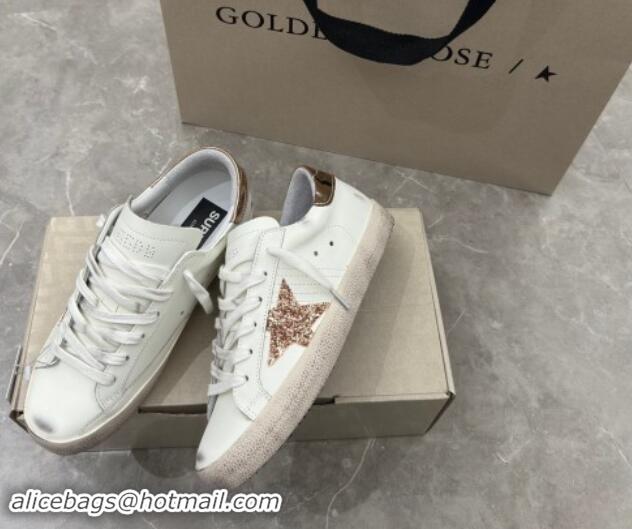 Popular Style Golden Goose Super-Star Sneakers in White Leather with Gold Glitter Star and Tab 530012