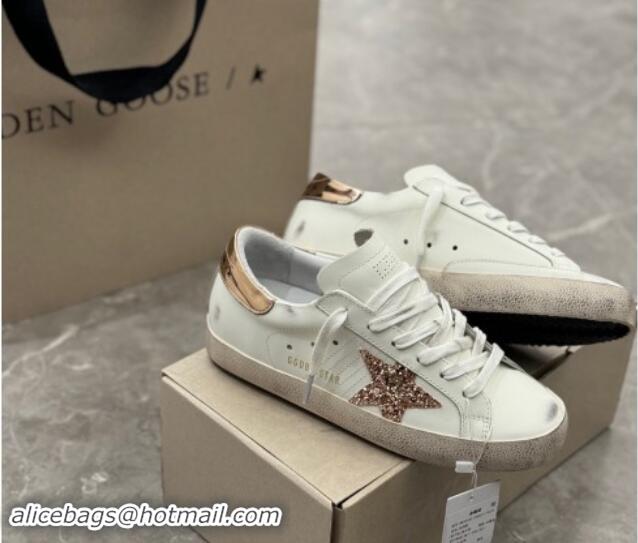 Popular Style Golden Goose Super-Star Sneakers in White Leather with Gold Glitter Star and Tab 530012