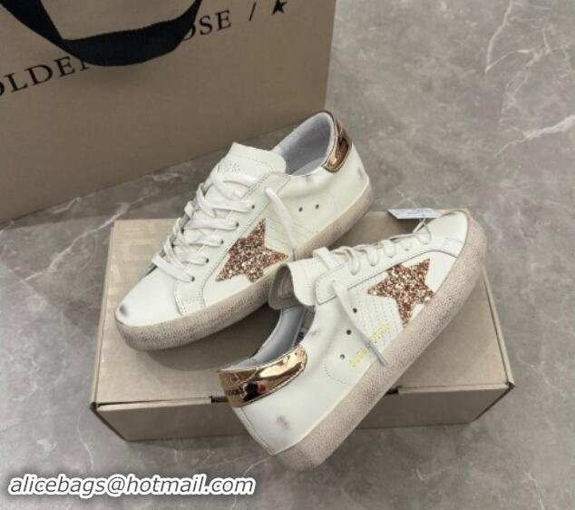 Popular Style Golden Goose Super-Star Sneakers in White Leather with Gold Glitter Star and Tab 530012