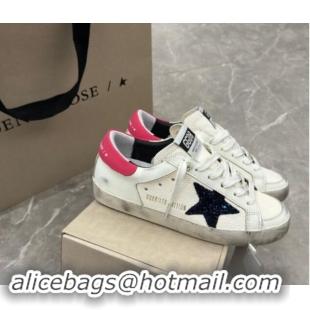 Charming Golden Goose Super-Star Sneakers in White Leather with Blue Glitter Star and Red Tab 530013