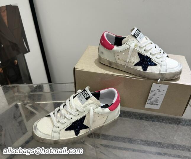 Charming Golden Goose Super-Star Sneakers in White Leather with Blue Glitter Star and Red Tab 530013