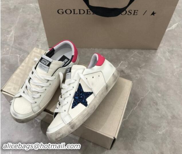 Charming Golden Goose Super-Star Sneakers in White Leather with Blue Glitter Star and Red Tab 530013