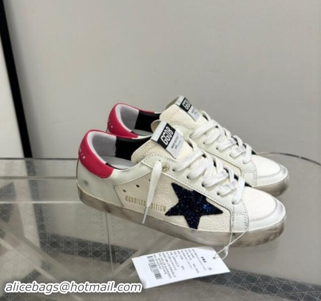 Charming Golden Goose Super-Star Sneakers in White Leather with Blue Glitter Star and Red Tab 530013