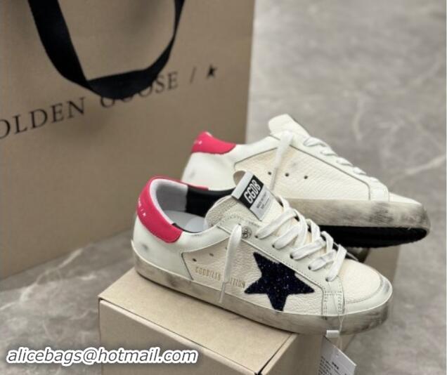 Charming Golden Goose Super-Star Sneakers in White Leather with Blue Glitter Star and Red Tab 530013