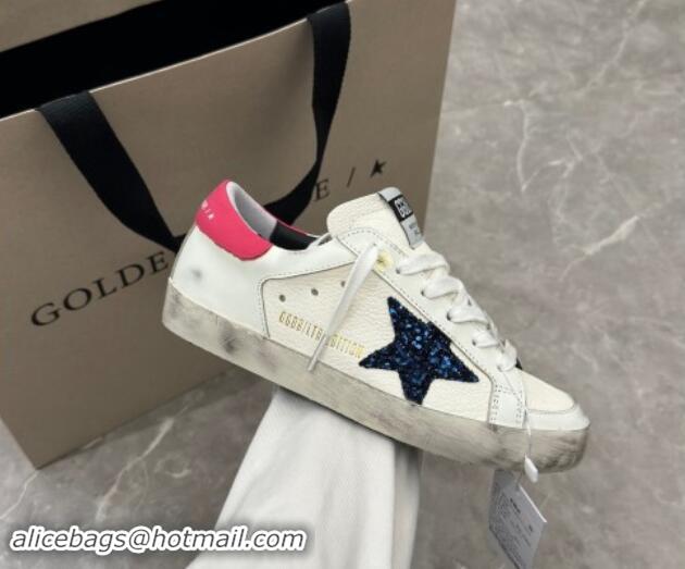 Charming Golden Goose Super-Star Sneakers in White Leather with Blue Glitter Star and Red Tab 530013