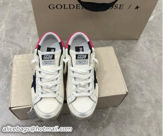 Charming Golden Goose Super-Star Sneakers in White Leather with Blue Glitter Star and Red Tab 530013