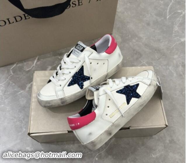 Charming Golden Goose Super-Star Sneakers in White Leather with Blue Glitter Star and Red Tab 530013