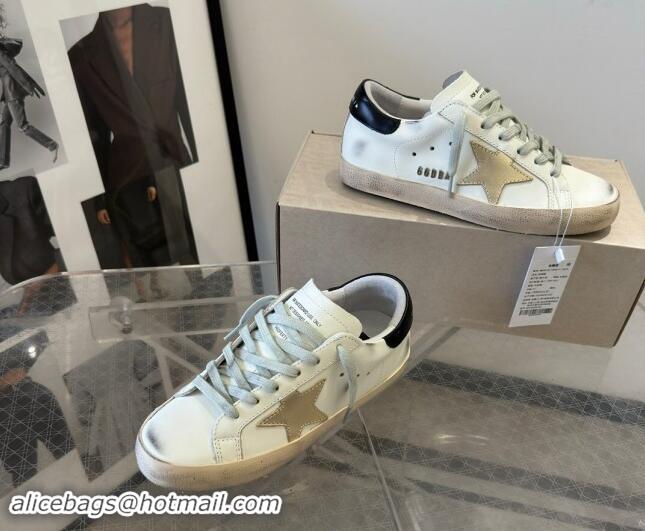 Luxury Discount Golden Goose Super-Star Sneakers in White Leather with Gold Star and Black Tab 0530015