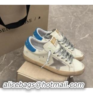 Luxury Golden Goose Super-Star Sneakers in White Leather with Silver Glitter Star and Blue Tab 530016