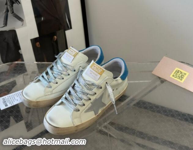 Luxury Golden Goose Super-Star Sneakers in White Leather with Silver Glitter Star and Blue Tab 530016