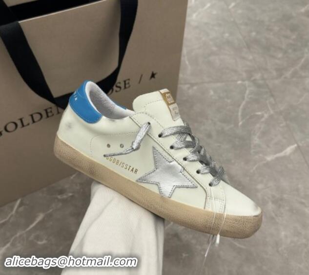 Luxury Golden Goose Super-Star Sneakers in White Leather with Silver Glitter Star and Blue Tab 530016