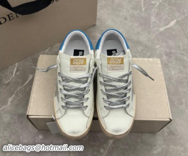 Luxury Golden Goose Super-Star Sneakers in White Leather with Silver Glitter Star and Blue Tab 530016