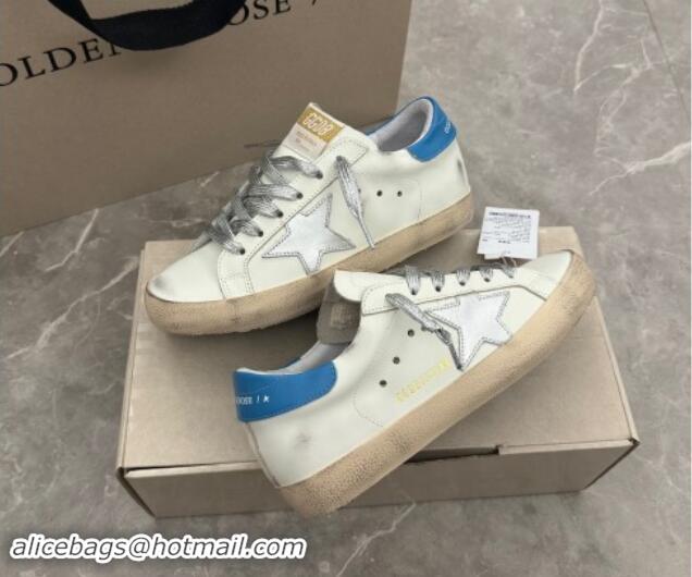 Luxury Golden Goose Super-Star Sneakers in White Leather with Silver Glitter Star and Blue Tab 530016