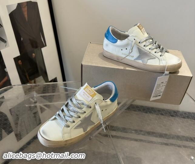 Luxury Golden Goose Super-Star Sneakers in White Leather with Silver Glitter Star and Blue Tab 530016