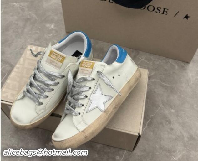 Luxury Golden Goose Super-Star Sneakers in White Leather with Silver Glitter Star and Blue Tab 530016