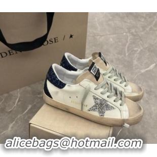 Pretty Style Golden Goose Super-Star Sneakers in White Leather with Silver Glitter Star and Blue Tab 530017