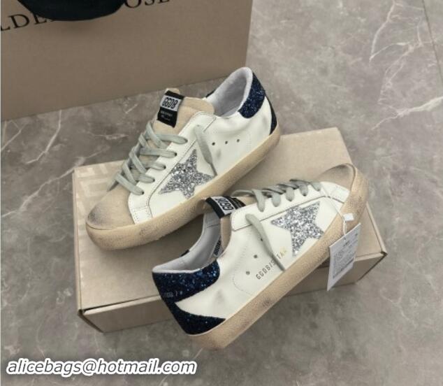 Pretty Style Golden Goose Super-Star Sneakers in White Leather with Silver Glitter Star and Blue Tab 530017