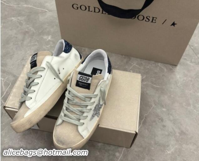 Pretty Style Golden Goose Super-Star Sneakers in White Leather with Silver Glitter Star and Blue Tab 530017