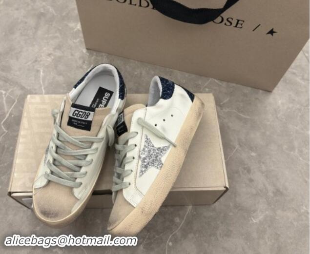 Pretty Style Golden Goose Super-Star Sneakers in White Leather with Silver Glitter Star and Blue Tab 530017