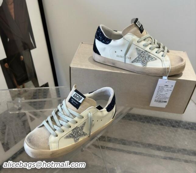 Pretty Style Golden Goose Super-Star Sneakers in White Leather with Silver Glitter Star and Blue Tab 530017