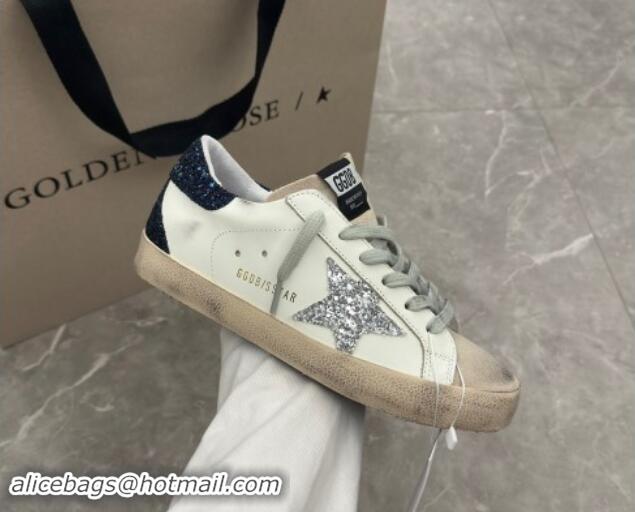 Pretty Style Golden Goose Super-Star Sneakers in White Leather with Silver Glitter Star and Blue Tab 530017