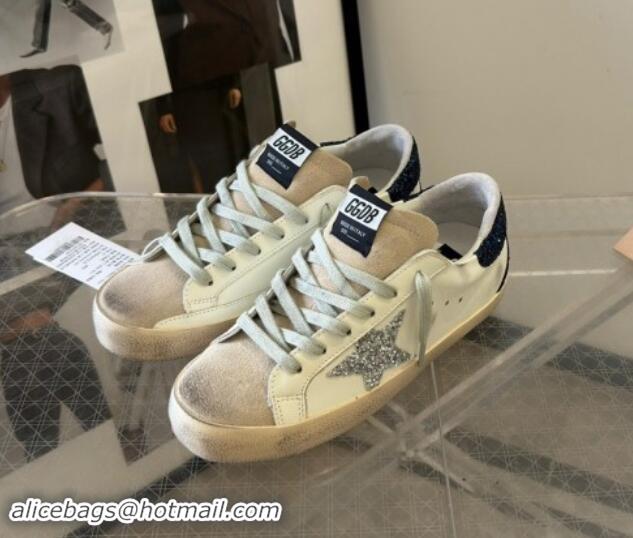 Pretty Style Golden Goose Super-Star Sneakers in White Leather with Silver Glitter Star and Blue Tab 530017