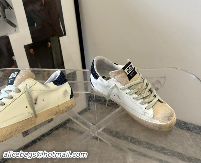 Pretty Style Golden Goose Super-Star Sneakers in White Leather with Silver Glitter Star and Blue Tab 530017