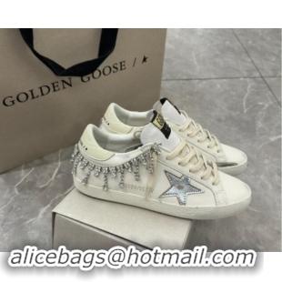 Grade Quality Golden Goose Super-Star Sneakers in white nappa leather with silver metallic leather star and Strass 05300