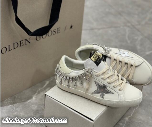 Grade Quality Golden Goose Super-Star Sneakers in white nappa leather with silver metallic leather star and Strass 05300