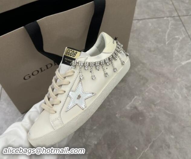 Grade Quality Golden Goose Super-Star Sneakers in white nappa leather with silver metallic leather star and Strass 05300