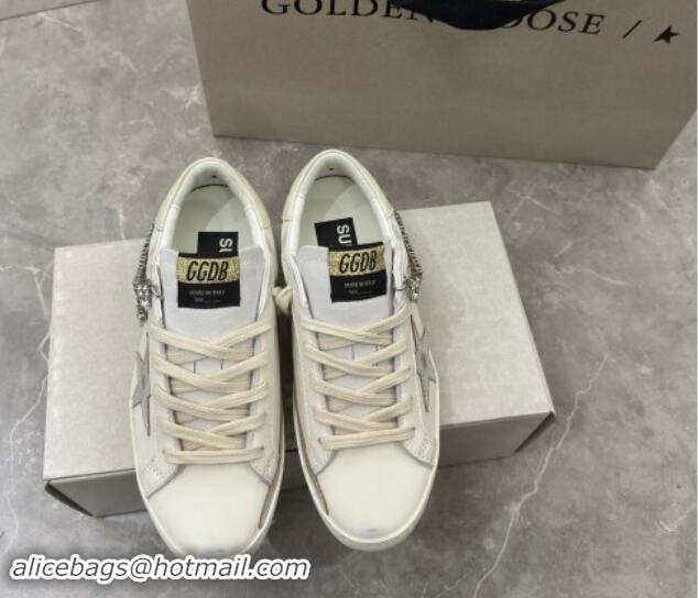 Grade Quality Golden Goose Super-Star Sneakers in white nappa leather with silver metallic leather star and Strass 05300