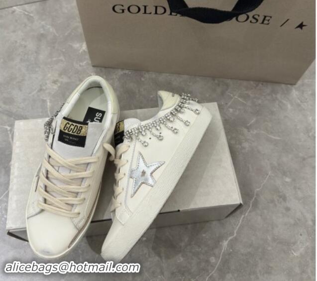 Grade Quality Golden Goose Super-Star Sneakers in white nappa leather with silver metallic leather star and Strass 05300