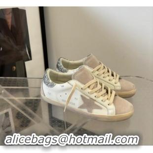 Good Quality Golden Goose Super-Star Sneakers in White Leather and Grey Suede with Silver Glitter Star 0530020