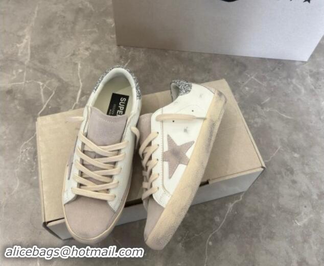 Good Quality Golden Goose Super-Star Sneakers in White Leather and Grey Suede with Silver Glitter Star 0530020